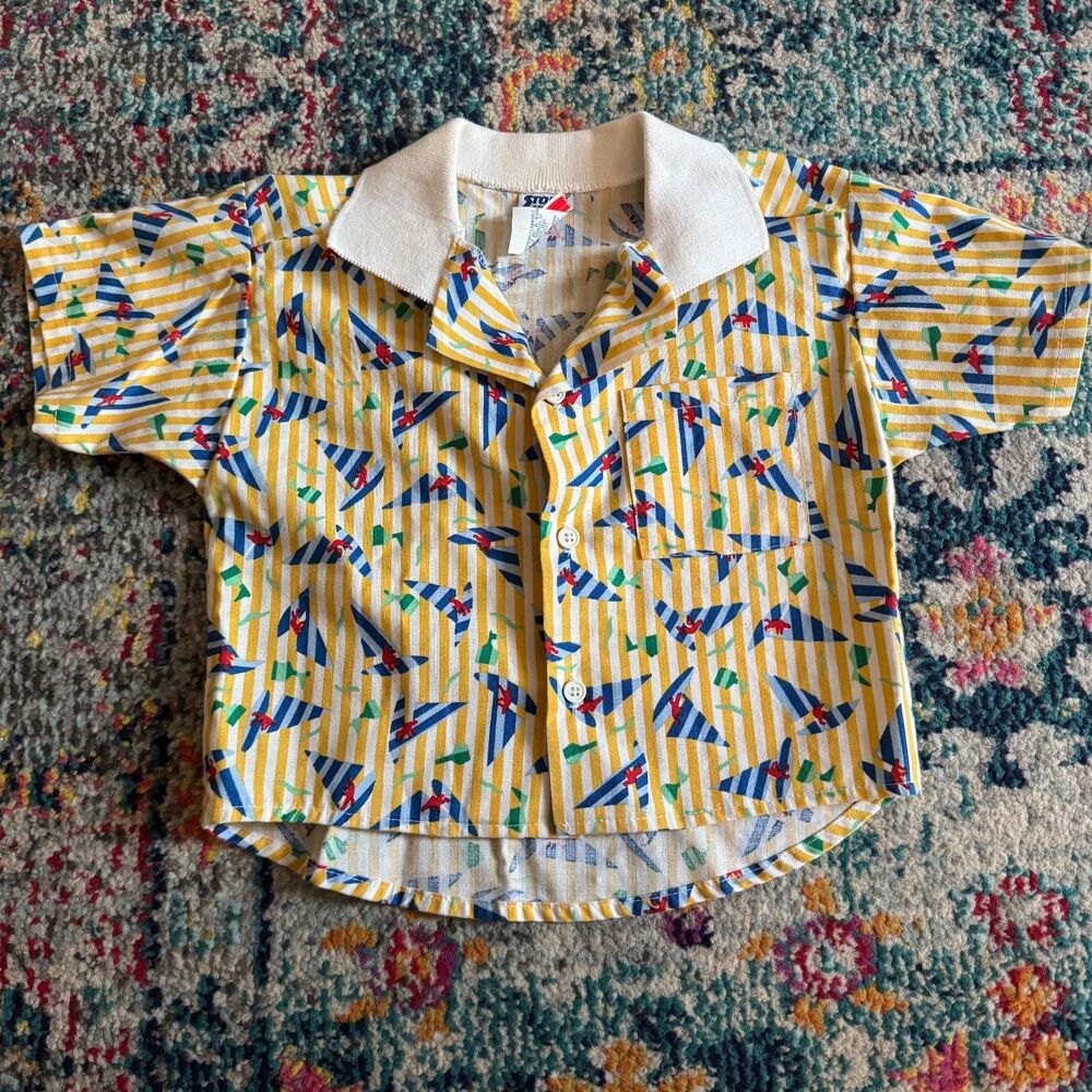 Vintage 90s Stone Apparel Surfs Up Polo Shirt Kids Size 4 Made in USA Kidcore